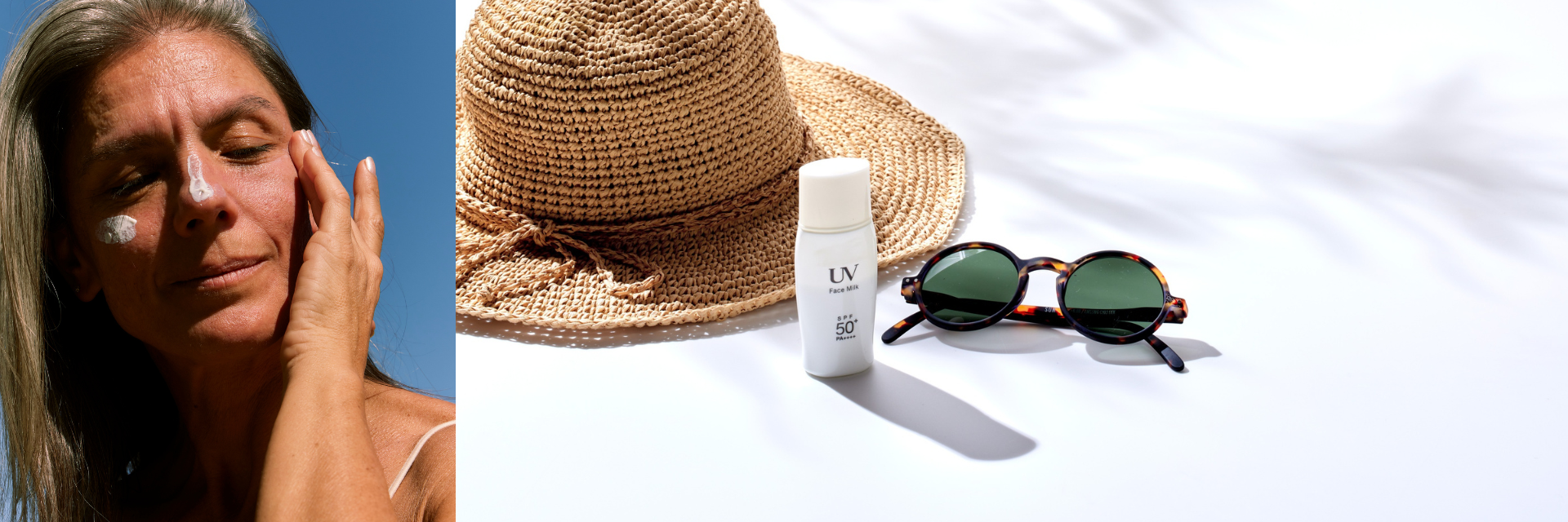 Woman applying SPF 50 sunscreen to protect aging skin